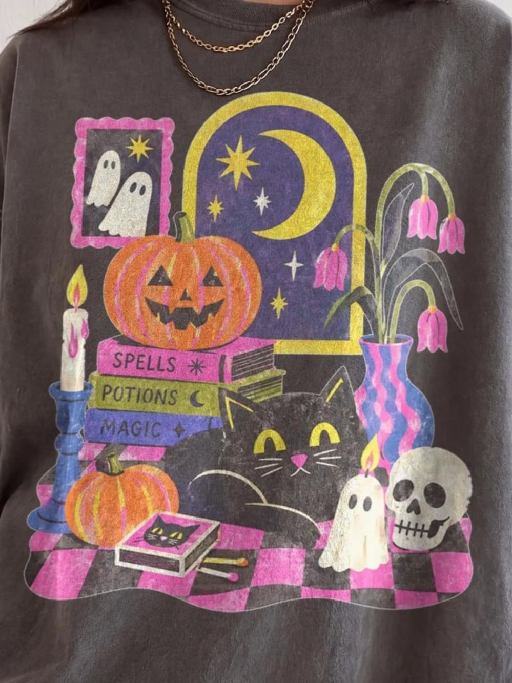 Halloween Graphic T-Shirt - Black with Neon Print - Picture 2 of 2